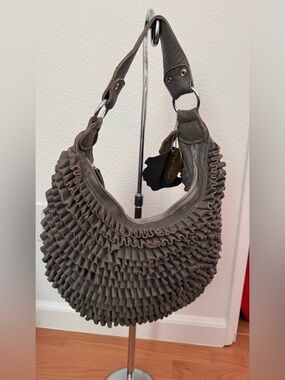 Ruffled Hobo Shoulder Bag in Charcoal